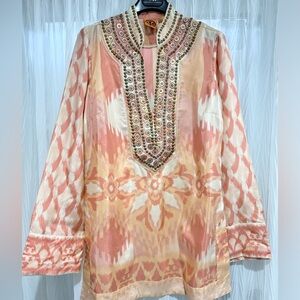 Tory Burch brand, size 8, peach color with print same tones , silk tunic